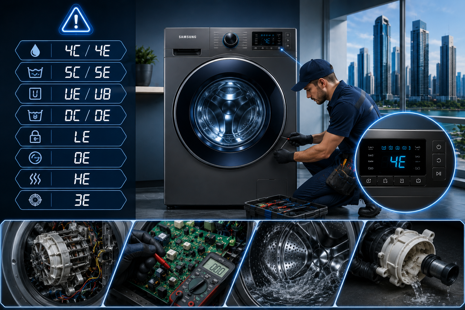 Técnico reparando lavadora Samsung en Panamá